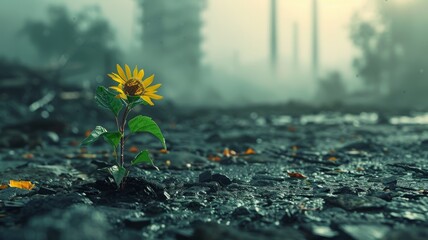 Flourishing plant in a toxic waste area, showing life's persistence - obrazy, fototapety, plakaty