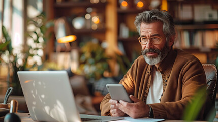 A thoughtful senior man with stylish glasses is absorbed in his work, using a smartphone and laptop in a cozy and warmly lit home office setting.