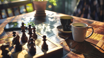 A chessboard with black and white pieces on it, a coffee mug beside the board, sunlight streaming...