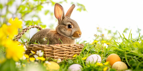 Fototapeta na wymiar Springtime Serenity: Bunny in Basket Amidst Easter Cheer