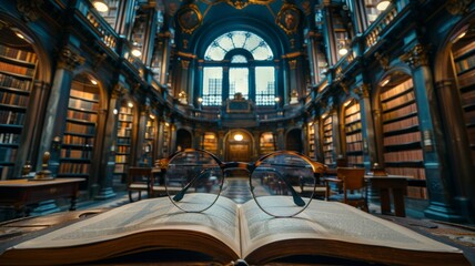 Librarian's glasses and book in a grand, old library - obrazy, fototapety, plakaty