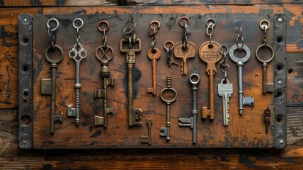 Locksmith's picks and keys on a keychain board