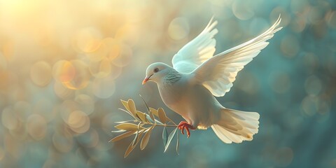 Peaceful Dove Carrying Olive Branch Symbol of Harmony and Spiritual Tranquility - Powered by Adobe