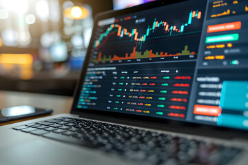 A laptop showing investment platforms and trading options available worldwide, investment diversification strategies and portfolio management - obrazy, fototapety, plakaty