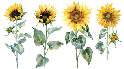 Set sunflowers, watercolor illustration, isolated white background, flora design 