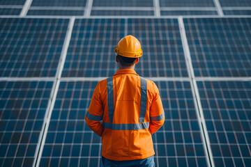 Clean energy and renewable energy, engineer inspecting a solar farm to ensure optimal performance