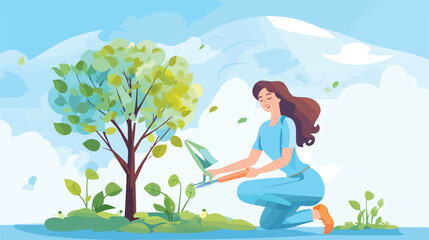 Obraz na płótnie Canvas Cheerful girl planting tree. Young woman working 