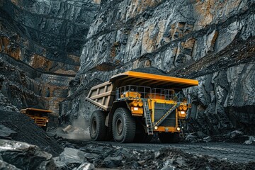A heavy-duty dump truck loaded with coal operates within the rugged terrain of a mining site.