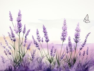 A painting of lavender flowers with a butterfly flying in the background