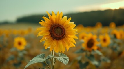 Fototapeta premium Sunflower field with a single wilted flower, highlighting uniqueness