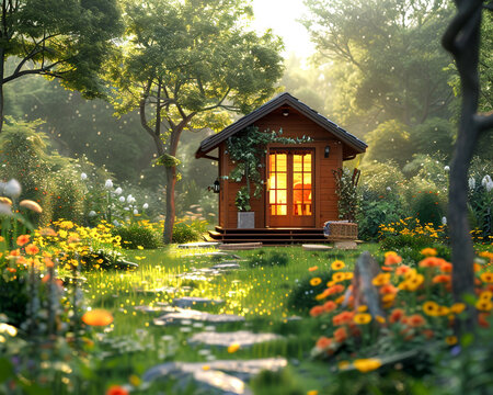 Charming tiny home serene amidst verdant meadows idyllic and tranquil harmonizing with nature s abundant greenery , digital photography