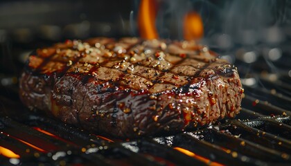 Beef steak on a flaming hot grill grate. Isolated on a black background