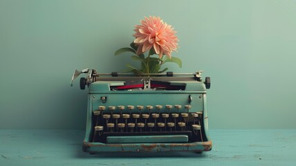Vintage typewriter with a blooming flower, merging past and growth
