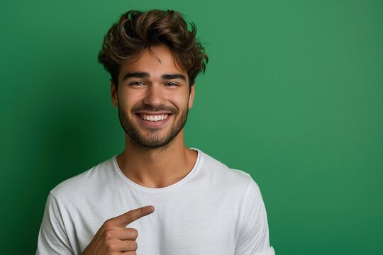 Imagine a European man exuding confidence and warmth, sporting a broad, toothy smile as he points with his index finger to an empty space set against a lively green background