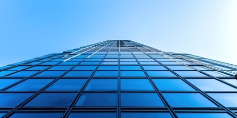 Fototapeta na wymiar A modern skyscraper towering against a clear blue sky. 