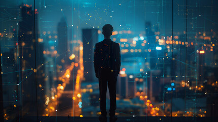 Young business man standing in the office watching the modern city night view with abstract polygon pattern connection with speed line light. SMART Business Goal concept. 