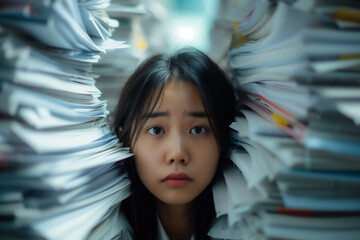 an Asian woman exhibiting signs of stress in a bustling office, engulfed by towering stacks of paper.