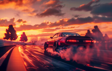 A red car is driving down a road with smoke coming out of the back - Powered by Adobe