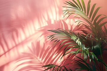 Fototapeta na wymiar For the presentation of a product, a high-end podium featuring vacant space and a pale pink and beige background with a shadow of tropical palm leaves, Generative AI.