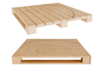 Front view and angle of wooden pallet Wooden trays for loading and transporting goods. Delivery, warehouse service equipment. 3d illustration, isolated on background.
