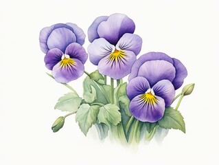 A painting of three purple flowers with yellow centers