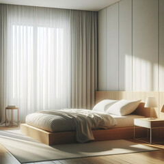 Fototapeta na wymiar 窓のブラインド、木製のベッド、灰色の毛布、枕、寄木細工の床のベッドサイド テーブルから日光が当たる、モダンで豪華な寝室の空白のベージュ茶色の壁。