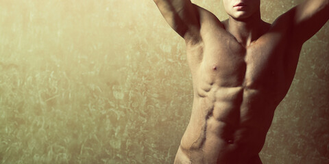 Roman, Spartan, Greek god concept. Portrait of handsome muscular male model with perfect body...