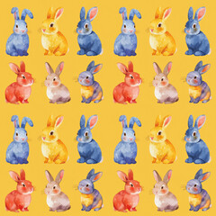 Minimalistic Watercolored Bunnies on Yellow Background Seamless Pattern