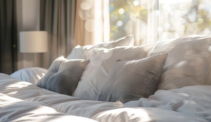 Fototapeta na wymiar A luxurious hotel bed with white and grey pillows, bathed in warm sunlight from the window, showcasing clean linens and soft textures for an inviting atmosphere Generative AI