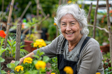 Naklejka na ściany i meble Smiling senior woman enjoying gardening in her yard