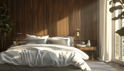High quality hotel bed with white linens and grey pillows, bathed in warm sunlight from the window The room features dark wood paneled walls, creating an inviting atmosphere Generative AI