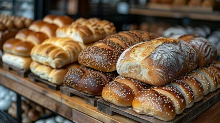 Crédence de cuisine en plexiglas Boulangerie Breads on supermarket shelves, Different bread, baguettes, bagels, bread buns, and a variety of other fresh bread on display on grocery store bakery shelves, bread in a bakery,bread buns on baker shop