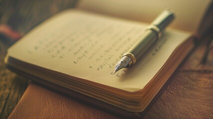 A fountain pen rests on an open journal with written text, suggesting writing or journaling. - obrazy, fototapety, plakaty