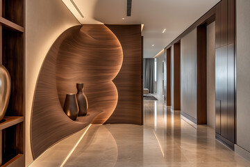 Modern Interior Design with Elegant Wooden Curves. Contemporary Hallway Featuring Sculptural Wood Elements