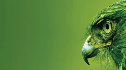 Deurstickers Close-up of a green-toned bird prey's eye and beak against green background. © Татьяна Макарова