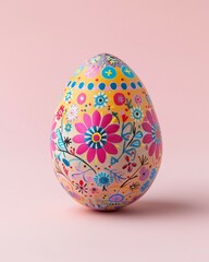 Easter egg highly decorated in pastel colors and isolated on a pink background.