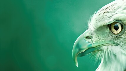Close-up of an eagle's head against a green background, showcasing its sharp beak and intense eye. - obrazy, fototapety, plakaty
