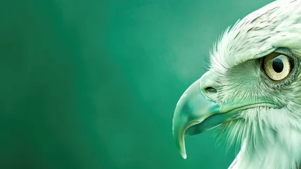 Foto op Canvas Close-up of an eagle's head against a green background, showcasing its sharp beak and intense eye. © Татьяна Макарова