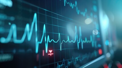 Digital health monitor interface with glowing blue ECG lines and heart symbols indicating heartbeat on a dark backdrop.