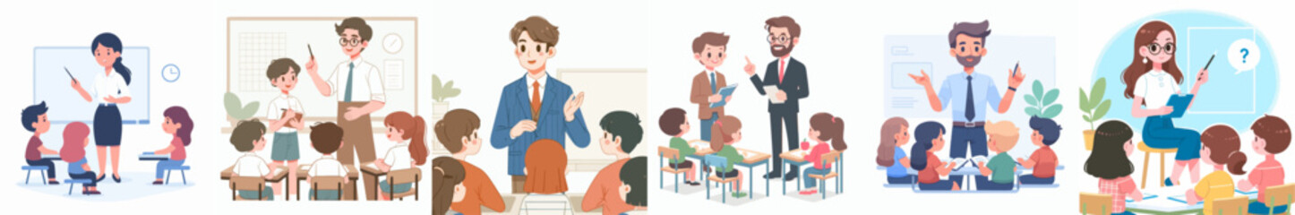 set of vector illustrations of a teacher and students in classroom