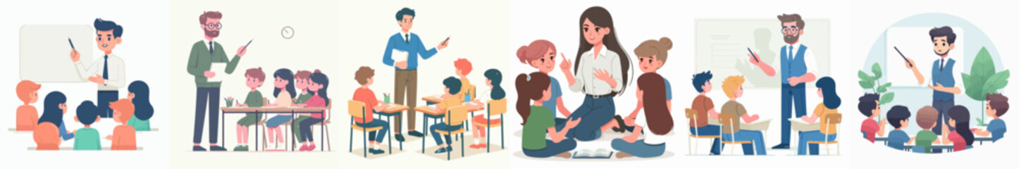 set of vector illustrations of a teacher and students in classroom - obrazy, fototapety, plakaty