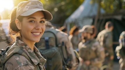 Woman in military uniform smiling with other soldiers background during golden hour.