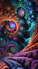 Fractal patterns, vibrant colors, wide lens, psychedelic abstract, high definition