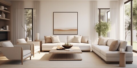 A chic townhome facade seamlessly blending with a modern living room interior, boasting clean lines, neutral tones, and elegant furnishings, all portrayed with realism in lifelike 3D visualization.