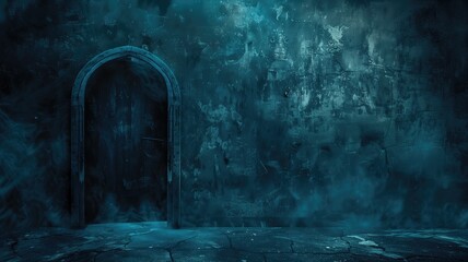 An open arched door on a textured wall in dimly lit, misty blue scene. - obrazy, fototapety, plakaty