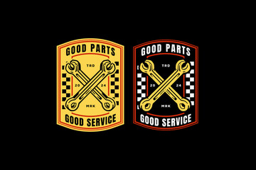 wrench or spanner with flag finish badge logo design for automotive, garage, adventure and racing