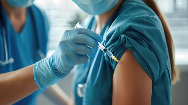 A healthcare worker is administering a vaccine injection into patient's arm in clinical setting.
