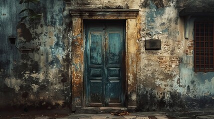 Old blue wooden door in the old town