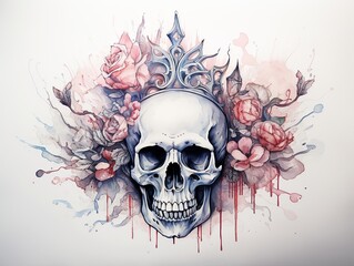 A skull with a crown of roses and pink flowers