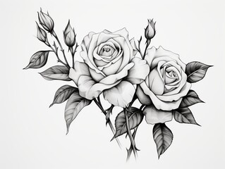 A black and white drawing of two roses with green leaves